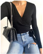 Women's Solid Color Long Sleeved V Neck Lace Up Sweater Bottoming Shirt
