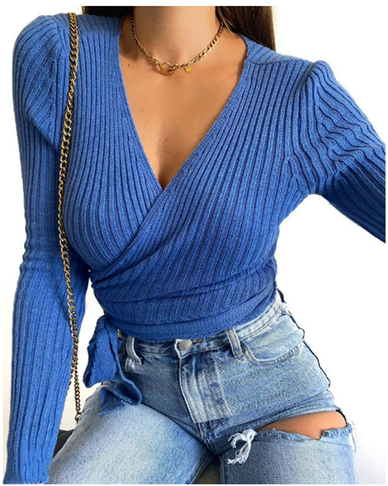 Women's Solid Color Long Sleeved V Neck Lace Up Sweater Bottoming Shirt