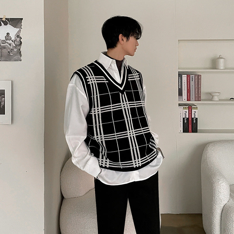 Knitted Men's Trendy Plaid V-neck Sweater Vest