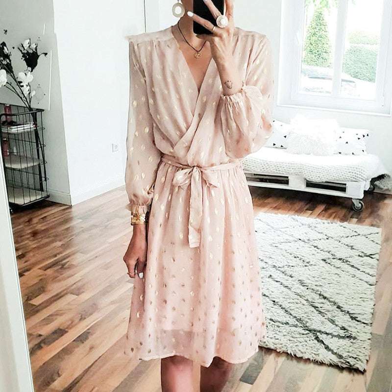 Lantern sleeve belt midi dress