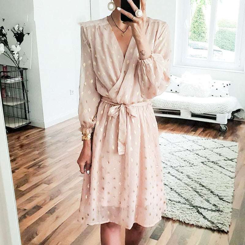 Lantern sleeve belt midi dress