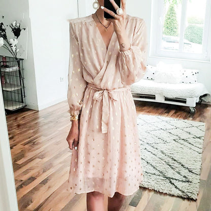 Lantern sleeve belt midi dress