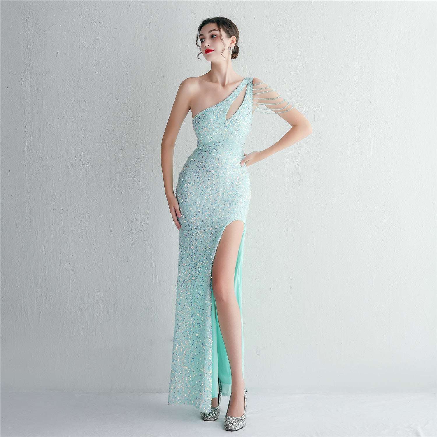 19533 Handmade Sequin Craft Beaded One - shoulder Fishtail Skirt - Elevra