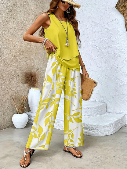 Print Suits Sleeveless Double-layer Vest And Loose Straight Pants