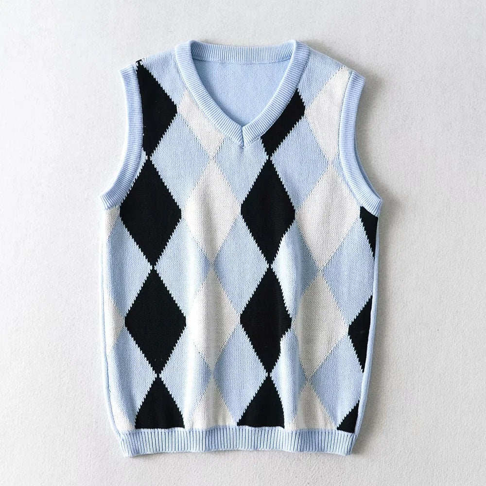 New V-neck knitted vest with plaid knitting