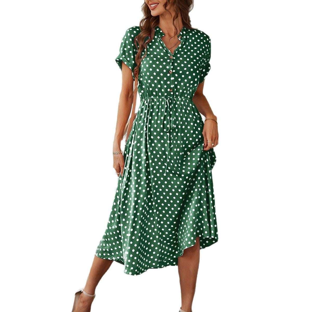 Temperament Leisure Vacation Style Polka Dot Print High Waist Lace-up Dress
