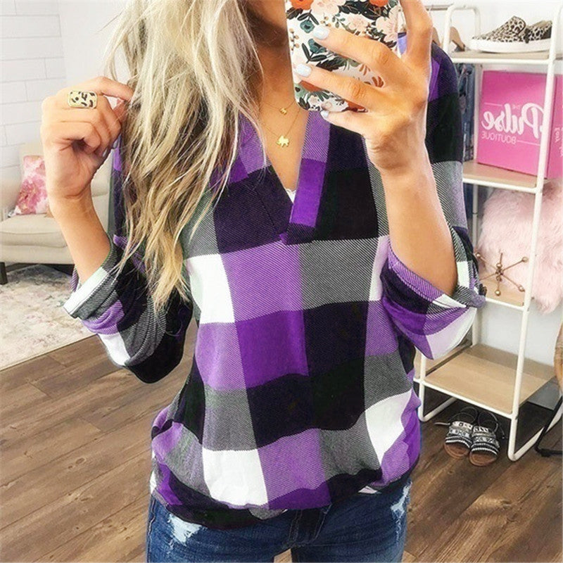 Plaid Printed V-Neck Long Sleeve T-Shirt