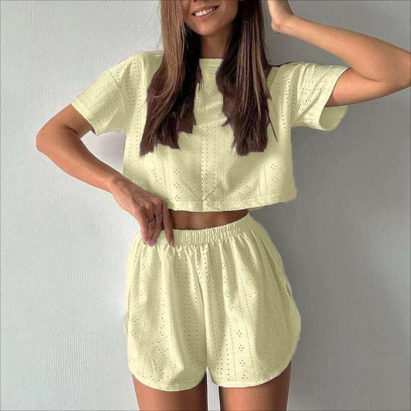 2pcs Casual Hollow Suit With Short - sleeved Crop Top And Elastic Slit Shorts Summer Fashion Sport Clothing For Women - Elevra