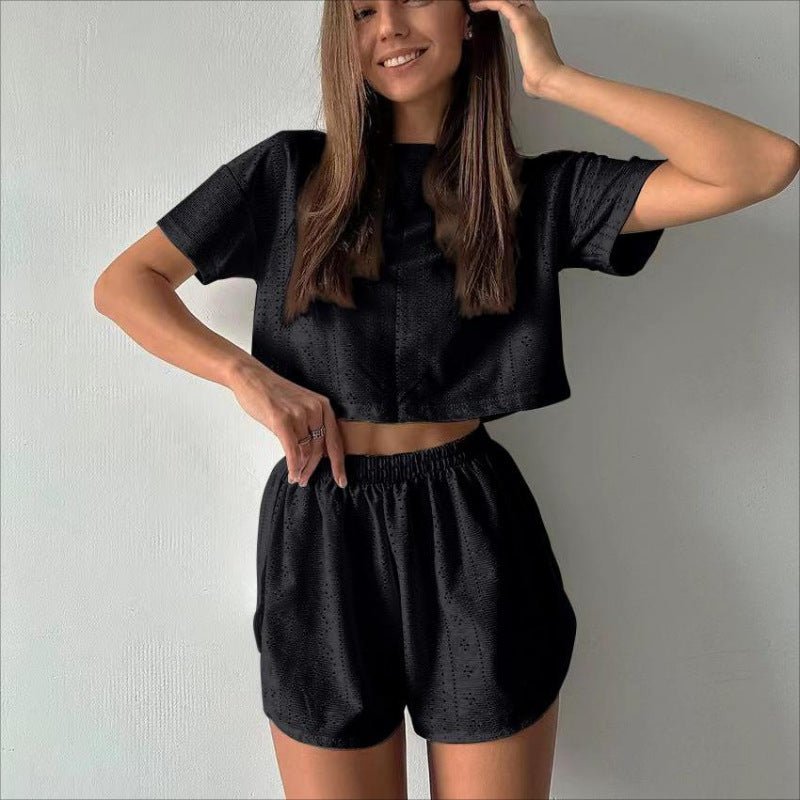 2pcs Casual Hollow Suit With Short - sleeved Crop Top And Elastic Slit Shorts Summer Fashion Sport Clothing For Women - Elevra
