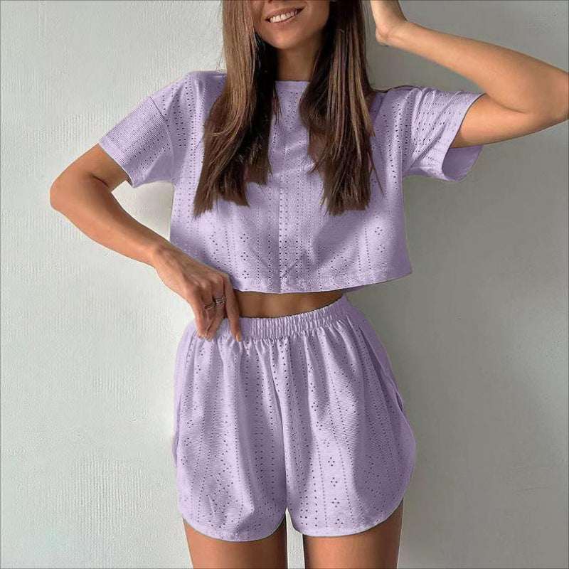 2pcs Casual Hollow Suit With Short - sleeved Crop Top And Elastic Slit Shorts Summer Fashion Sport Clothing For Women - Elevra