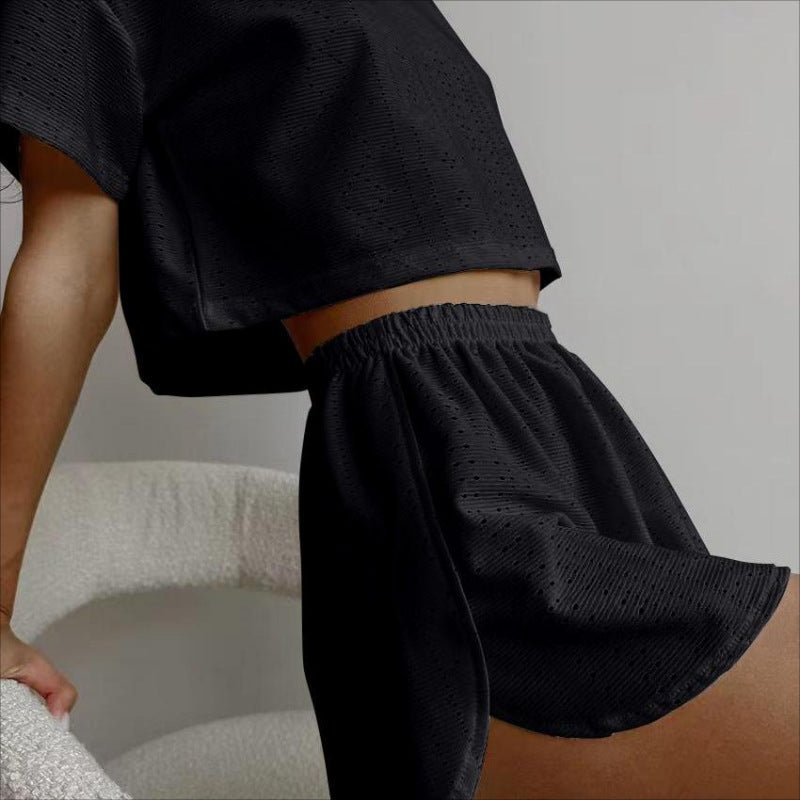 2pcs Casual Hollow Suit With Short - sleeved Crop Top And Elastic Slit Shorts Summer Fashion Sport Clothing For Women - Elevra