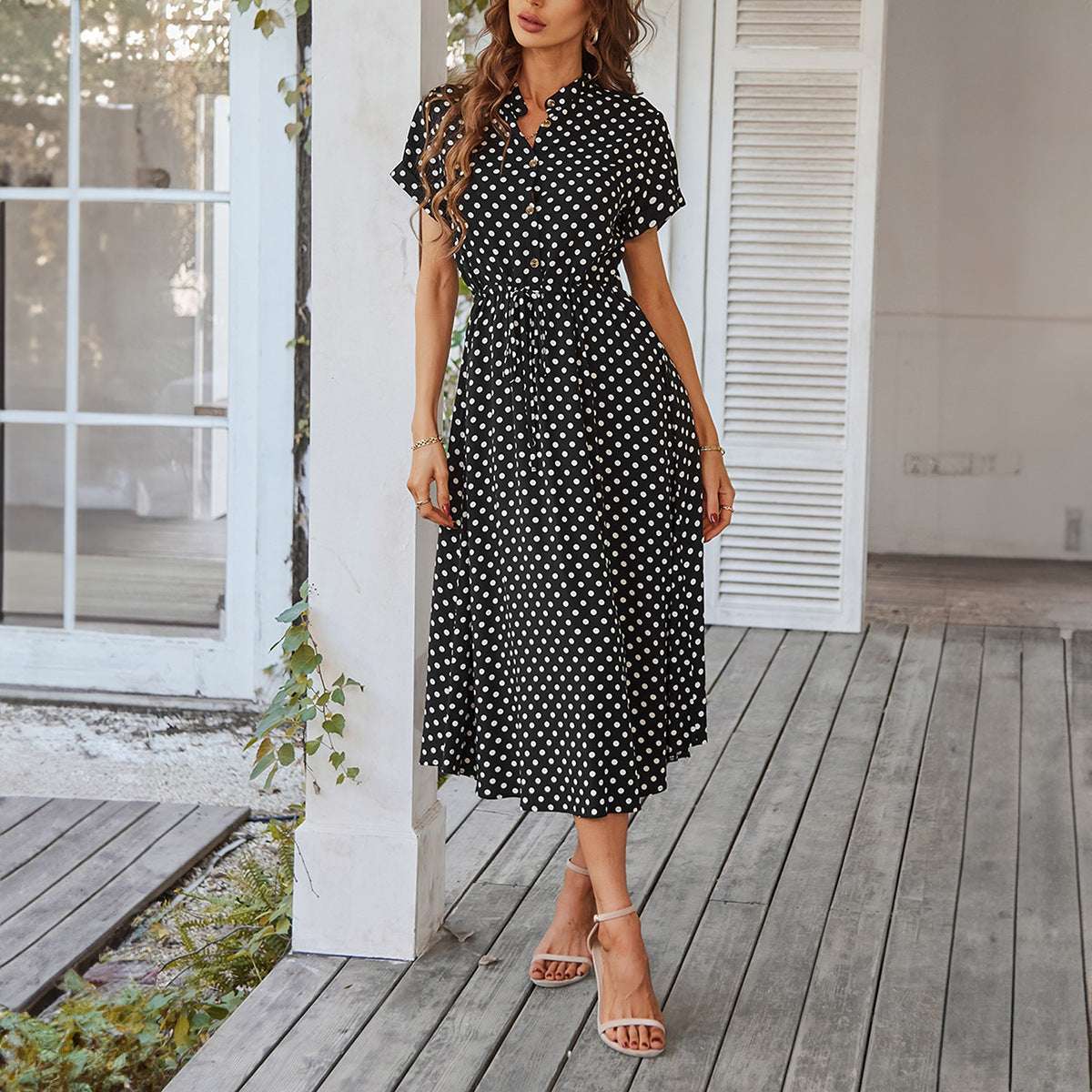 Temperament Leisure Vacation Style Polka Dot Print High Waist Lace-up Dress