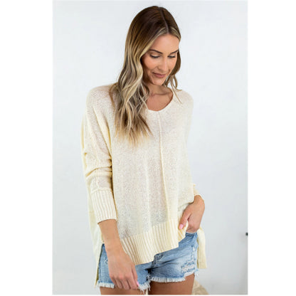 Pure Color Casual V Neck Openwork Split Knit Sweater