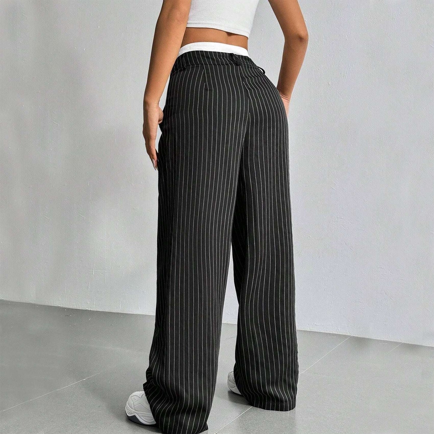Stripe Printed Trousers Fashion High Waist Straight Leg Pants With Pocket Zipper Casual Suit Pants For Women