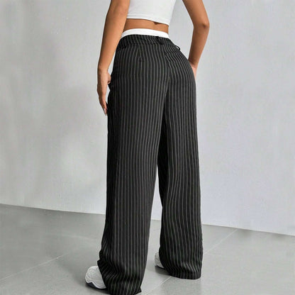 Stripe Printed Trousers Fashion High Waist Straight Leg Pants With Pocket Zipper Casual Suit Pants For Women