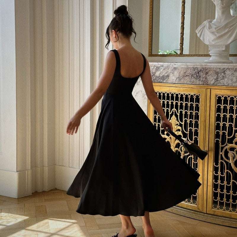 Square-neck Sleeveless Waist Trimming Sling Dress