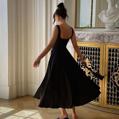 Square-neck Sleeveless Waist Trimming Sling Dress