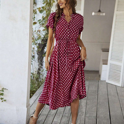 Temperament Leisure Vacation Style Polka Dot Print High Waist Lace-up Dress