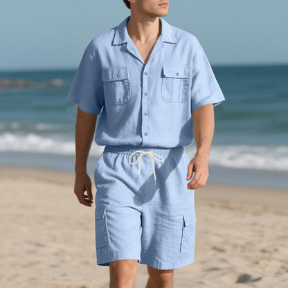 Men's Casual Solid Color Short Sleeve Shorts Suit