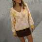 Women's V-neck Plaid Contrast Large Knit Shirt