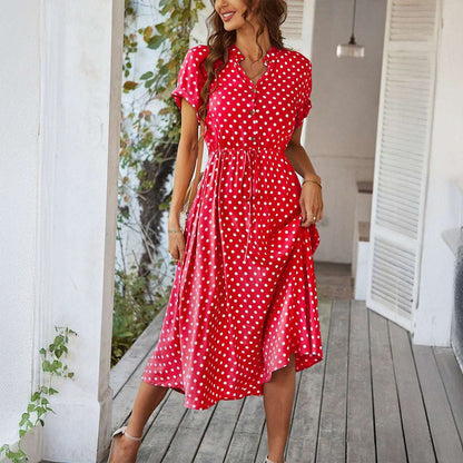 Temperament Leisure Vacation Style Polka Dot Print High Waist Lace-up Dress