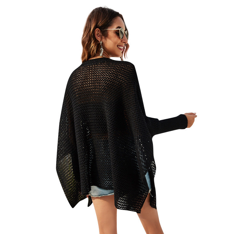 Round Neck Bat Sleeve Loose Openwork Sweater