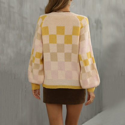 Women's V-neck Plaid Contrast Large Knit Shirt