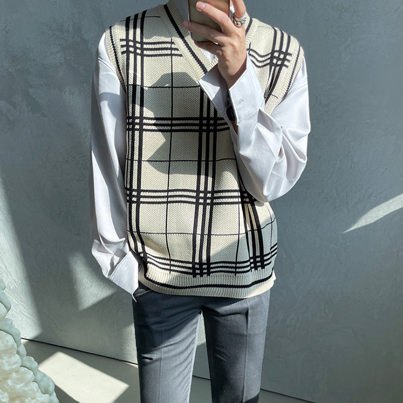 Knitted Men's Trendy Plaid V-neck Sweater Vest