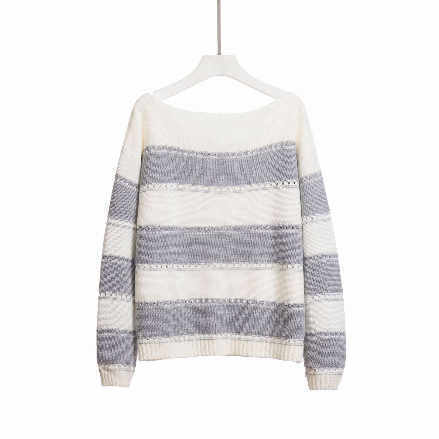 Women's One-neck Striped Openwork Knitted Sweater