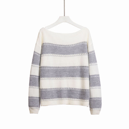 Women's One-neck Striped Openwork Knitted Sweater