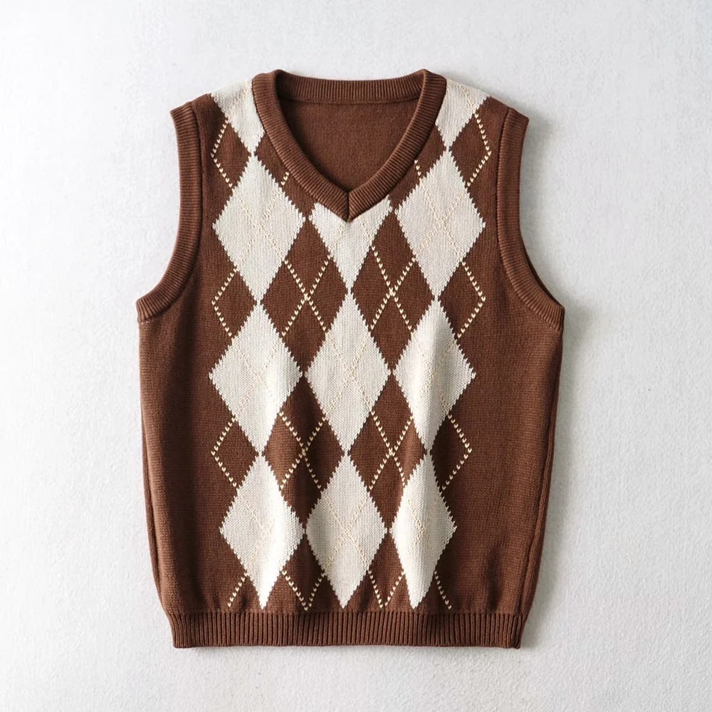 New V-neck knitted vest with plaid knitting