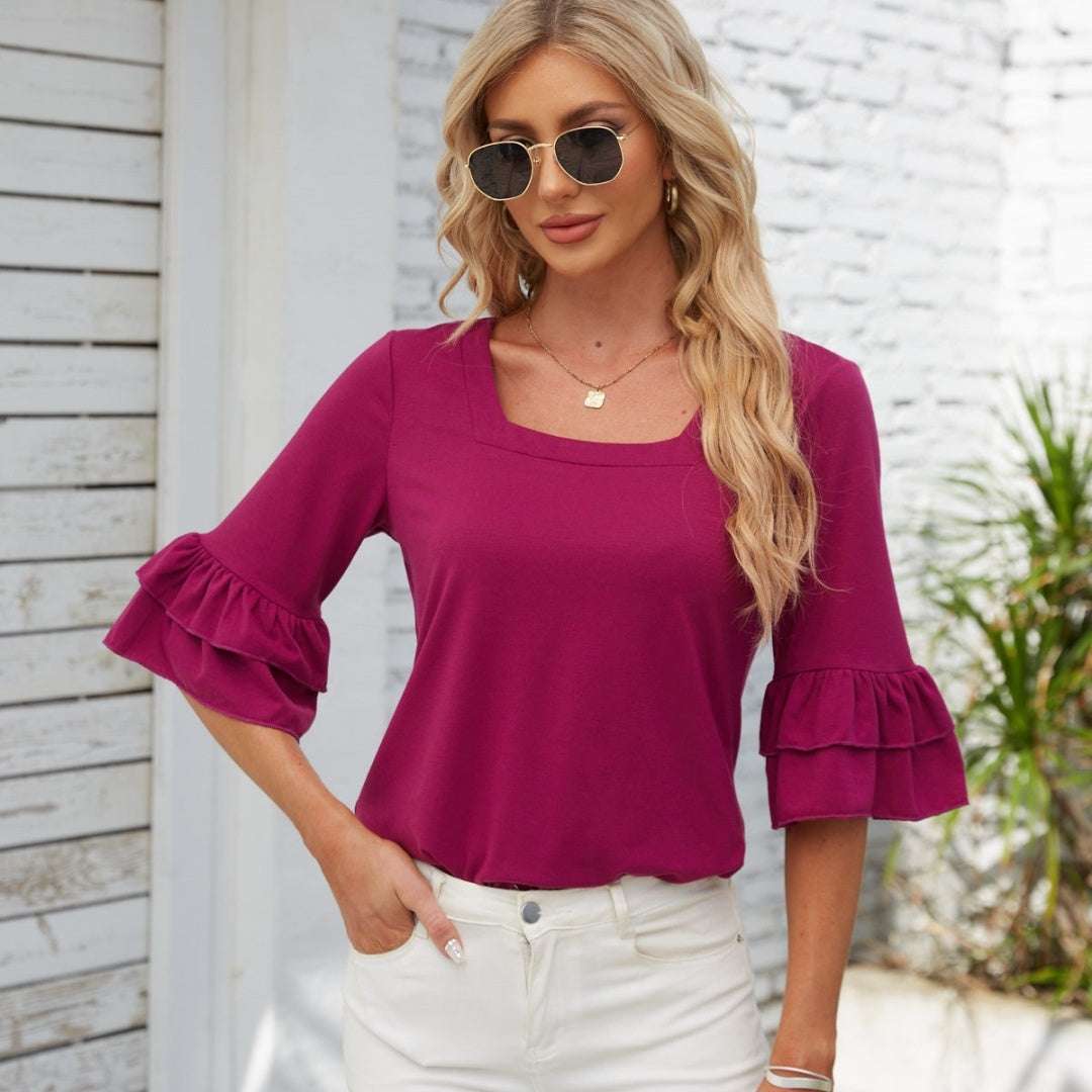 Square Collar Ruffled Half Sleeve Solid Color Loose T-shirt