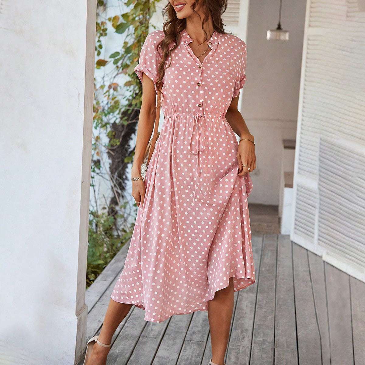 Temperament Leisure Vacation Style Polka Dot Print High Waist Lace-up Dress