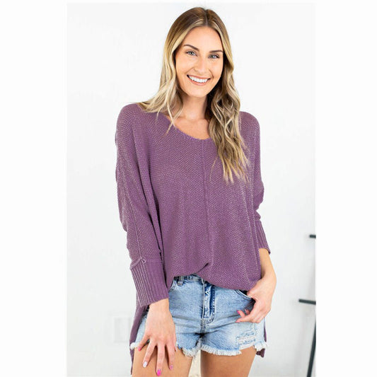 Pure Color Casual V Neck Openwork Split Knit Sweater