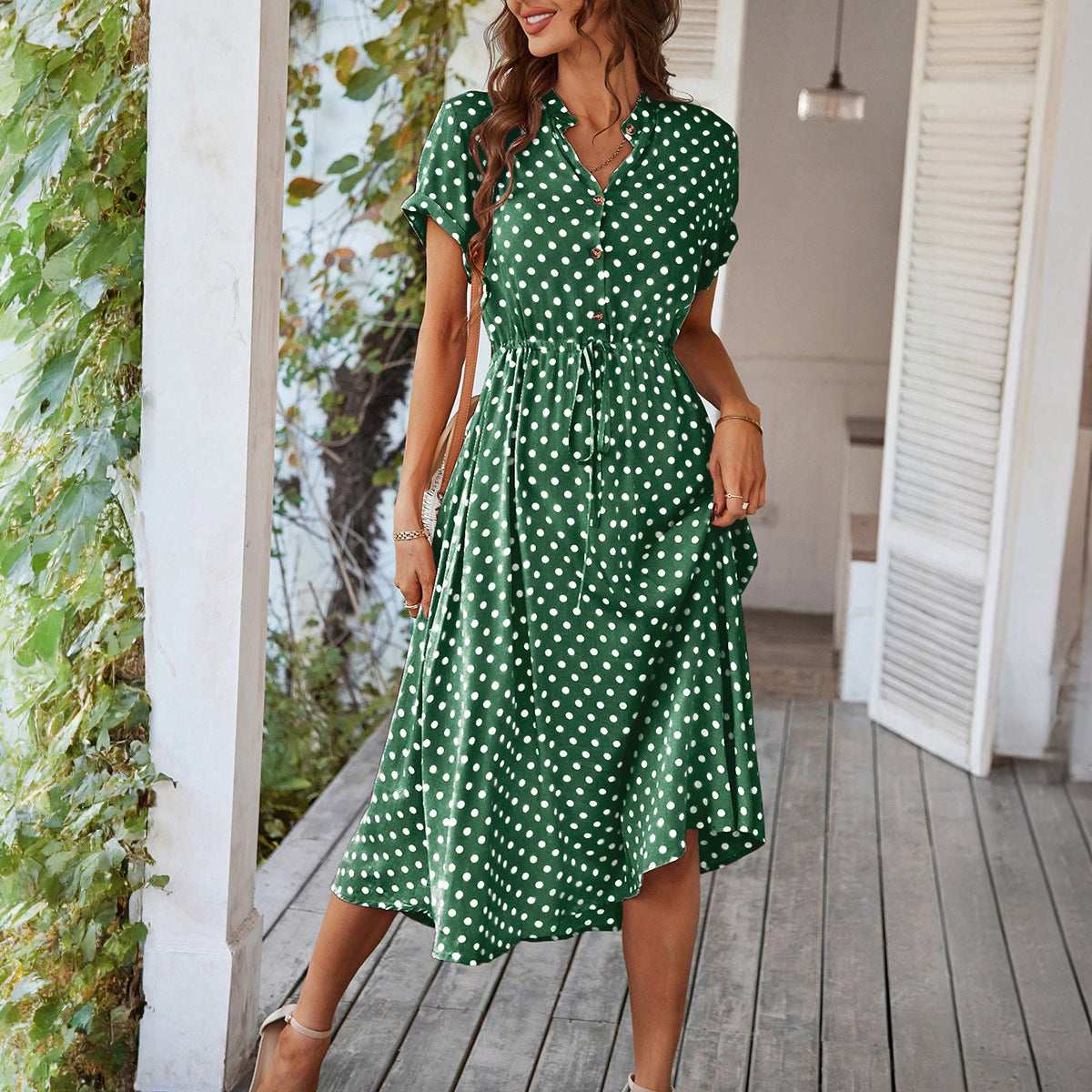 Temperament Leisure Vacation Style Polka Dot Print High Waist Lace-up Dress