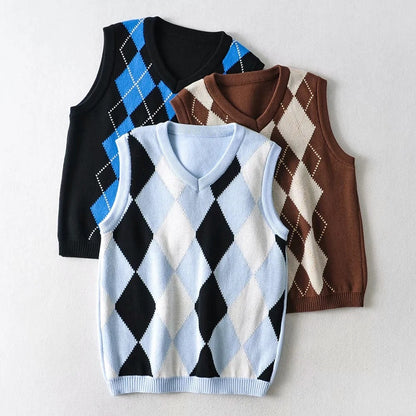 New V-neck knitted vest with plaid knitting