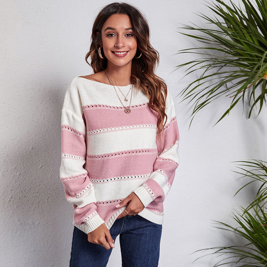 Women's One-neck Striped Openwork Knitted Sweater