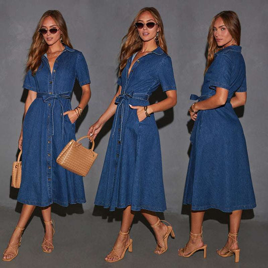 Retro V-neck Lace-up Denim Dress