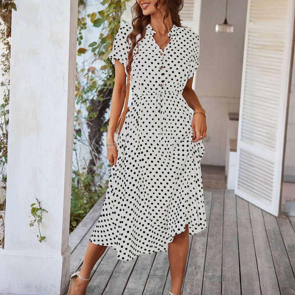 Temperament Leisure Vacation Style Polka Dot Print High Waist Lace-up Dress