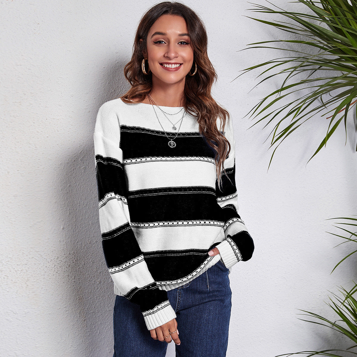 Women's One-neck Striped Openwork Knitted Sweater