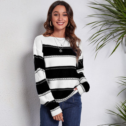 Women's One-neck Striped Openwork Knitted Sweater
