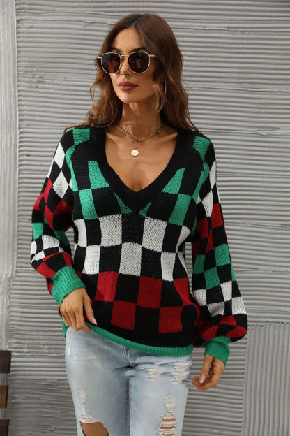 Women's V-neck Plaid Contrast Large Knit Shirt