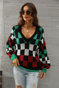 Women's V-neck Plaid Contrast Large Knit Shirt