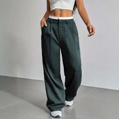 Stripe Printed Trousers Fashion High Waist Straight Leg Pants With Pocket Zipper Casual Suit Pants For Women