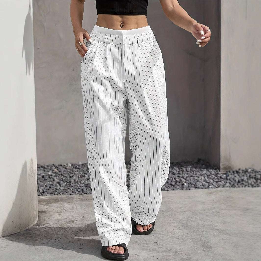 Stripe Printed Trousers Fashion High Waist Straight Leg Pants With Pocket Zipper Casual Suit Pants For Women