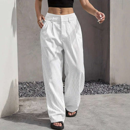 Stripe Printed Trousers Fashion High Waist Straight Leg Pants With Pocket Zipper Casual Suit Pants For Women