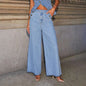 Denim Vest Suits Fashion Sleeveless Button Tops And Wide Leg Straight Pants With Pockets Women's Trousers Set