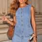Denim Vest Suits Fashion Sleeveless Button Tops And Wide Leg Straight Pants With Pockets Women's Trousers Set