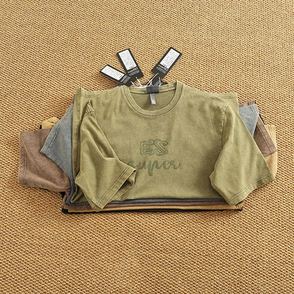 Summer Men's Heavyweight Vintage Washed 100% Cotton T-shirt Oversize American Retro Style Distressed Drop Shoulder Cityboy Tees