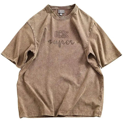 Summer Men's Heavyweight Vintage Washed 100% Cotton T-shirt Oversize American Retro Style Distressed Drop Shoulder Cityboy Tees